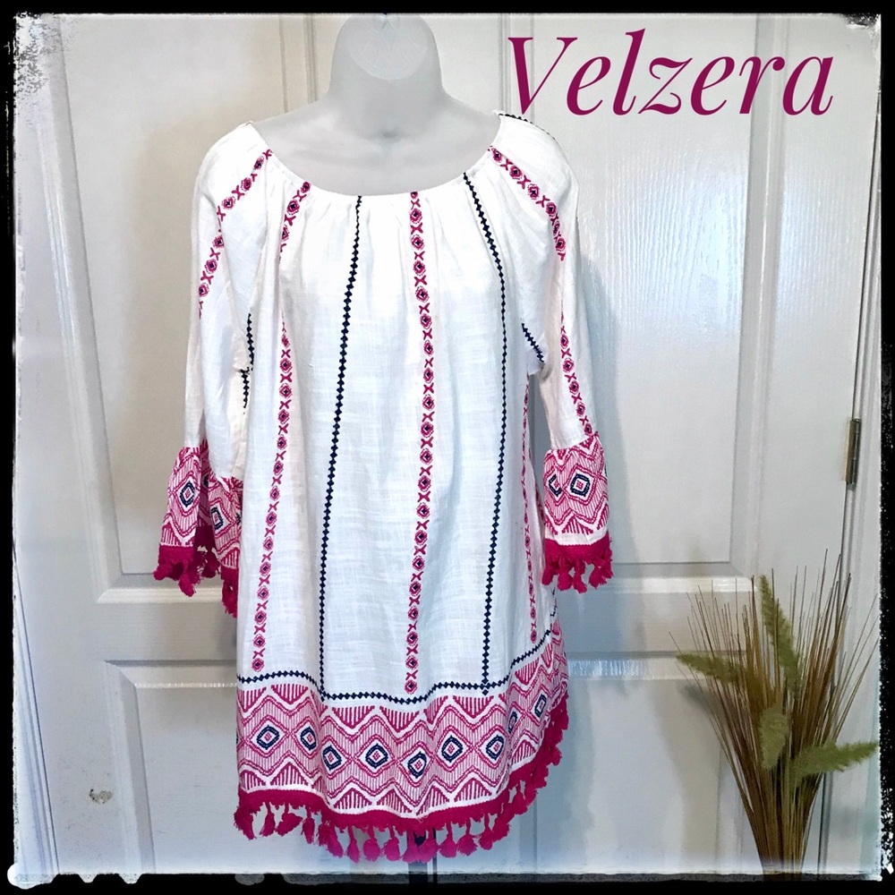 Velzera Boho Peasant Fringed Top